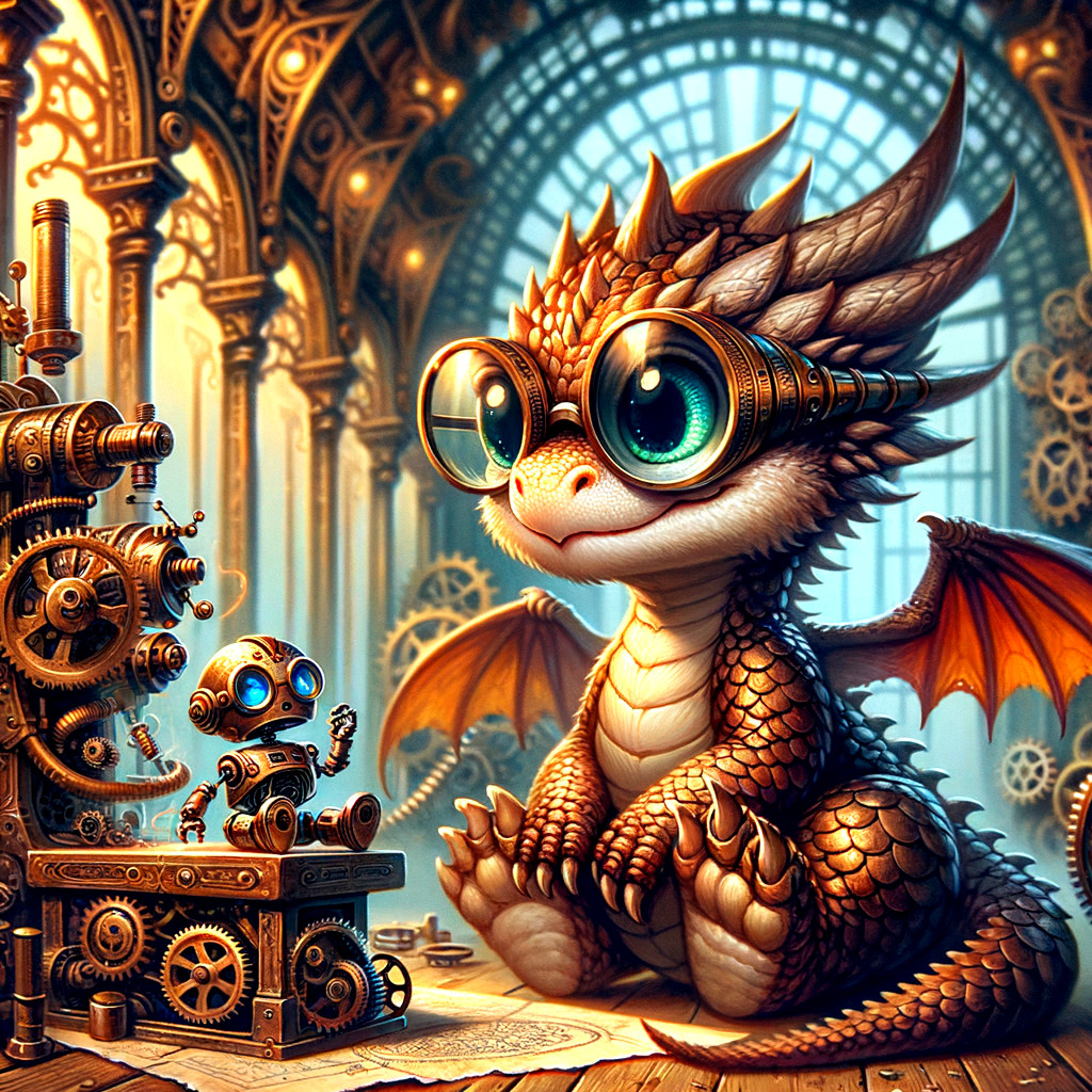 Whimsical Steampunk Workshop with Dragon and Robot