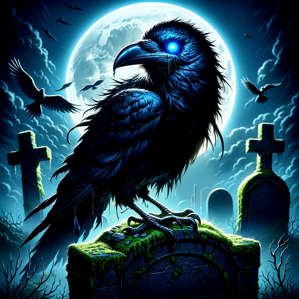 Mystical Raven on Moss-Covered Grave in Graveyard