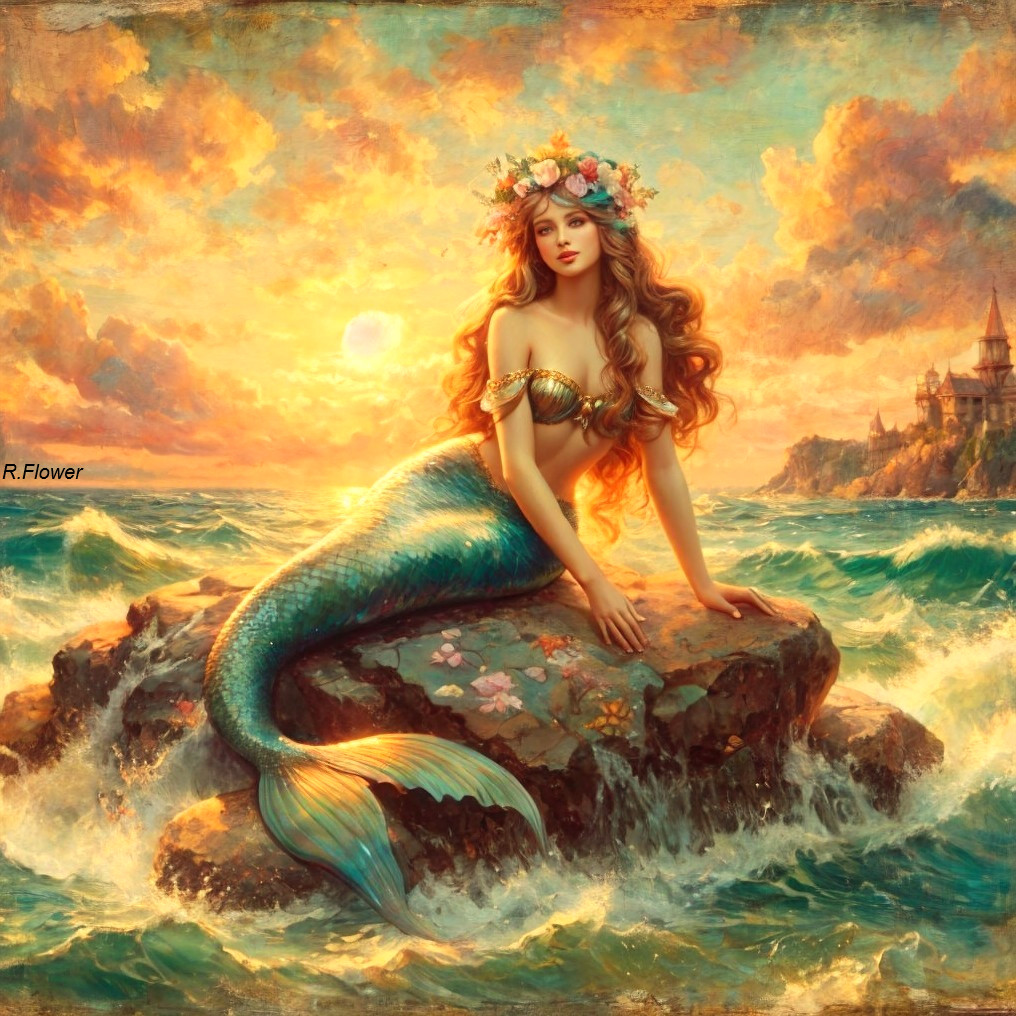 Mermaid on Rock with Floral Crown at Sunset