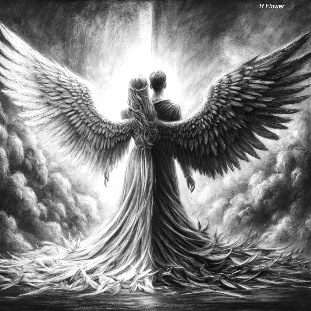 Angelic Figures Embracing in Bright Light and Clouds