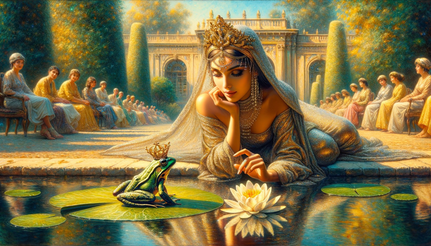 Young woman in gown gazes at crowned frog in garden