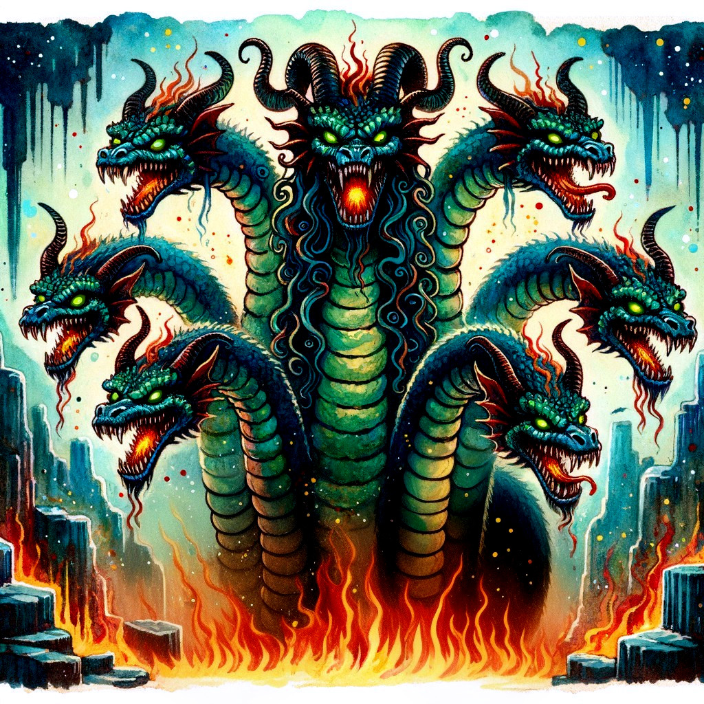 Multi-Headed Dragon in Fiery Landscape Description