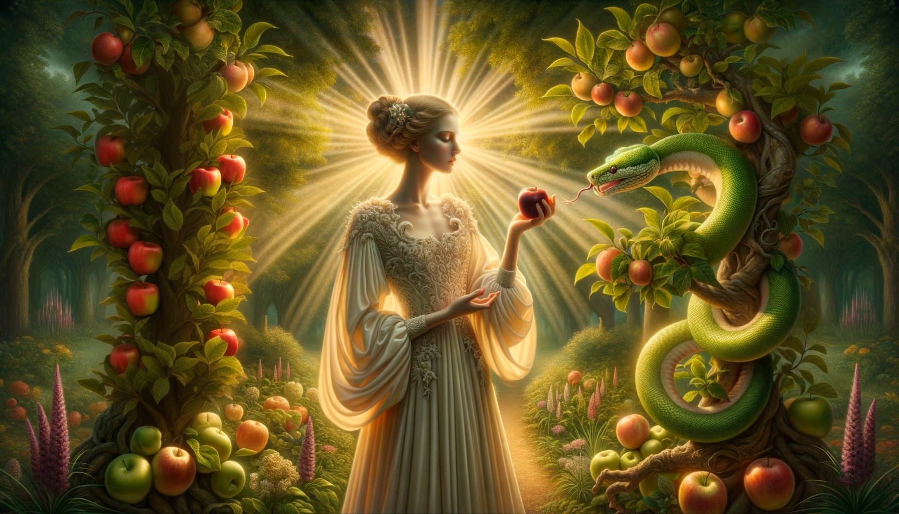 Serene Woman with Apple in Enchanting Garden Scene