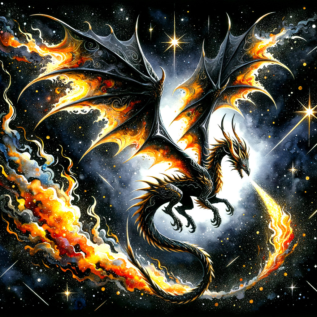 Black Dragon in Starry Cosmos with Vibrant Gas Streaks