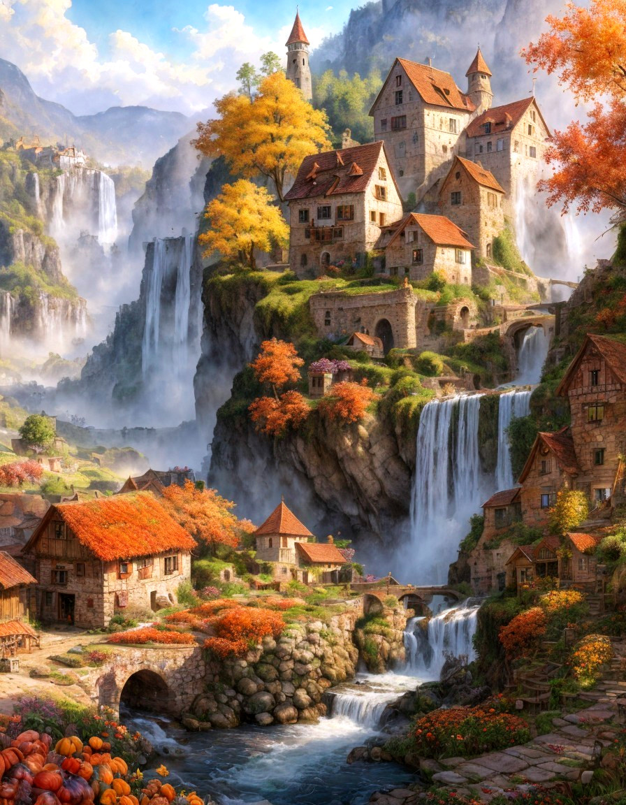 Medieval Buildings and Autumn Landscape with Waterfalls