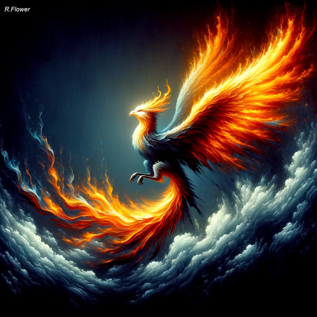 Majestic Phoenix in Flight with Fiery Wings