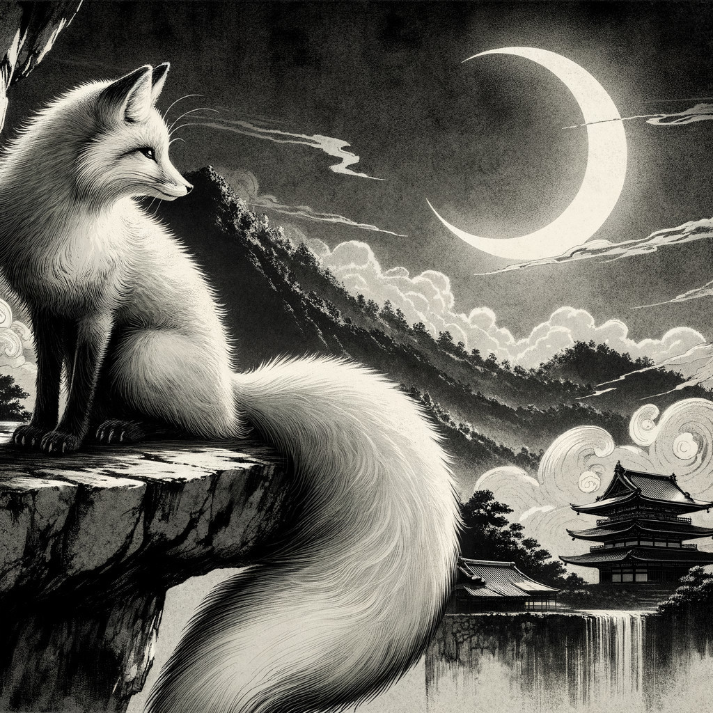 White Fox on Rocky Ledge Under Crescent Moonlight