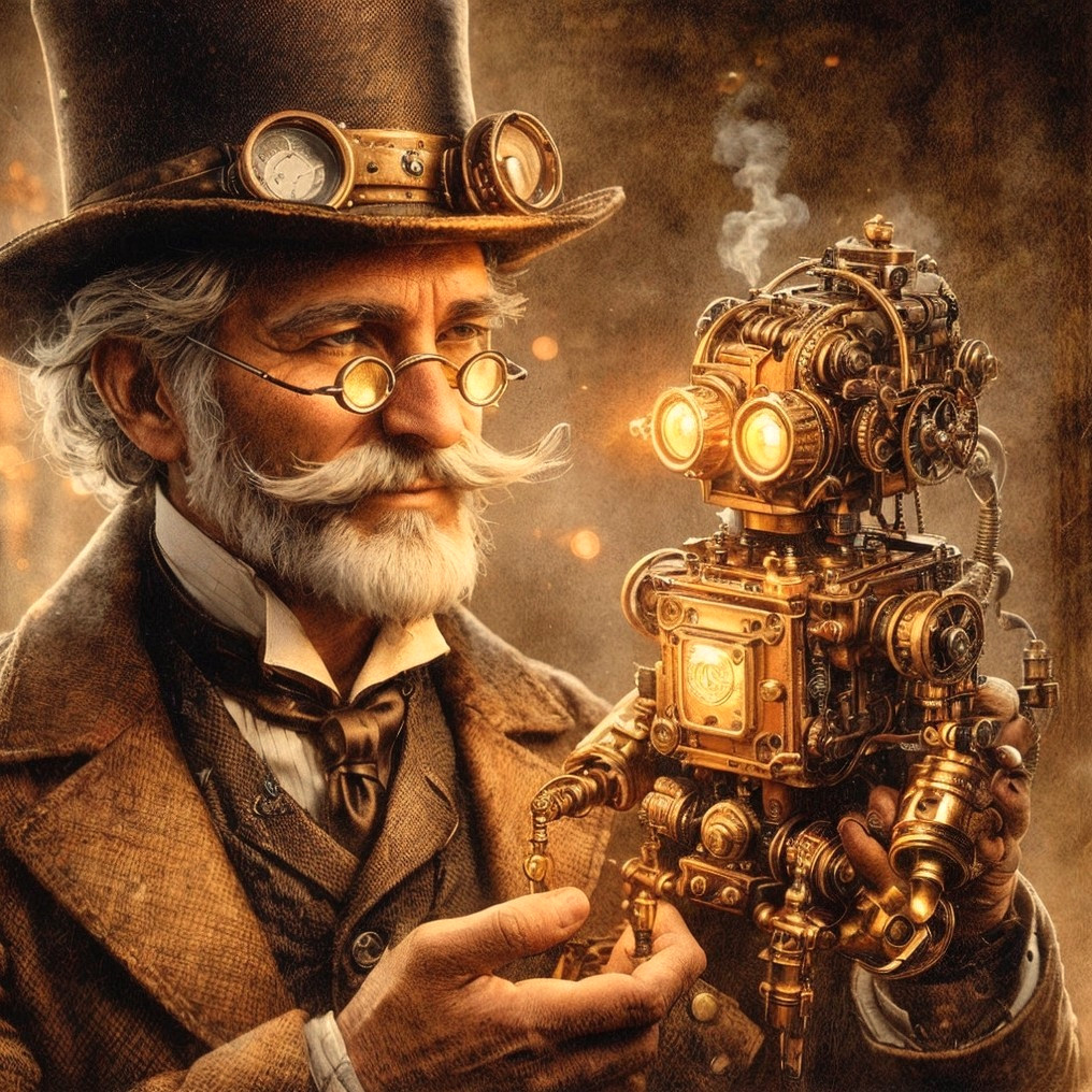 Elderly Man with Steampunk Robot in Vintage Setting
