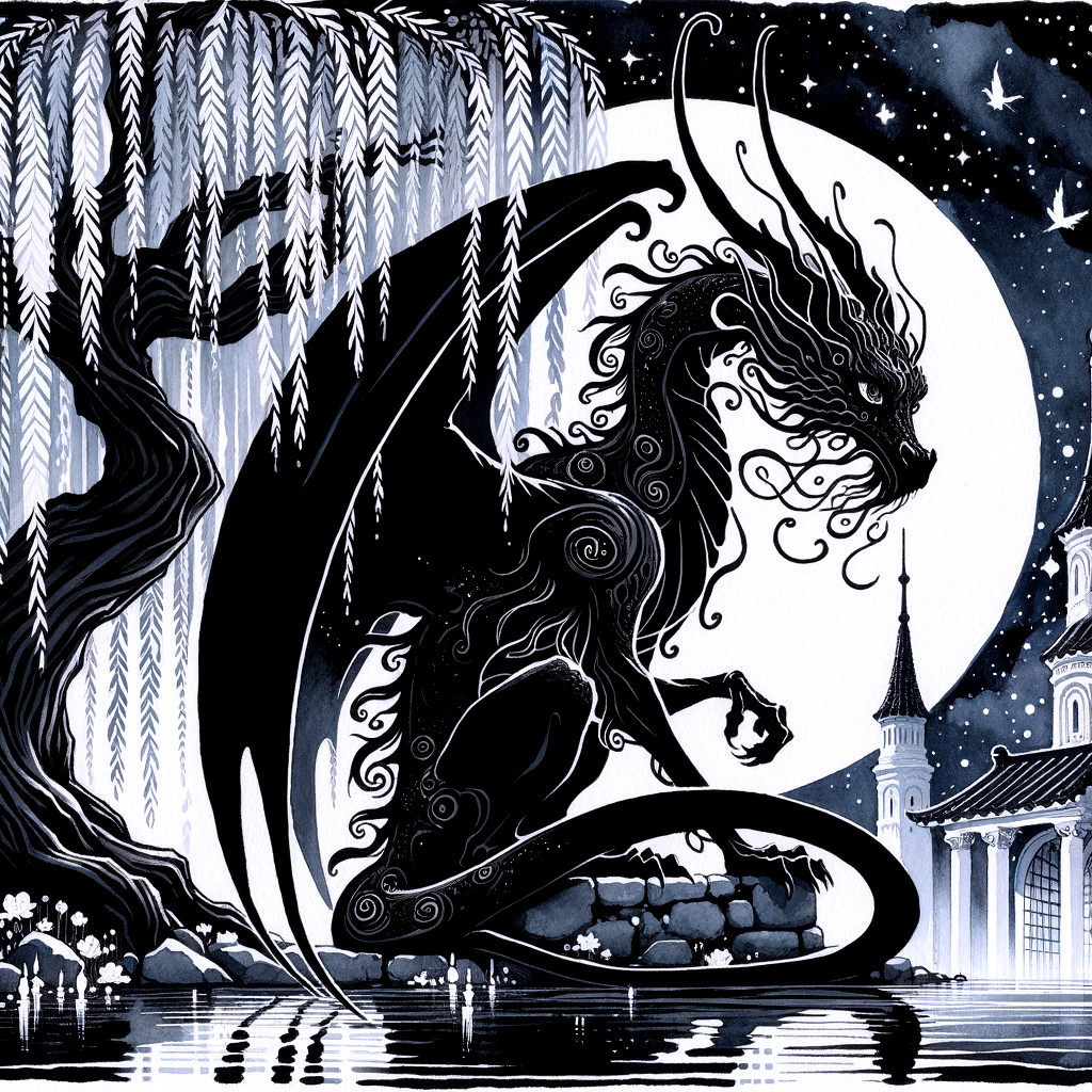 Black-and-white illustration of a majestic dragon scene