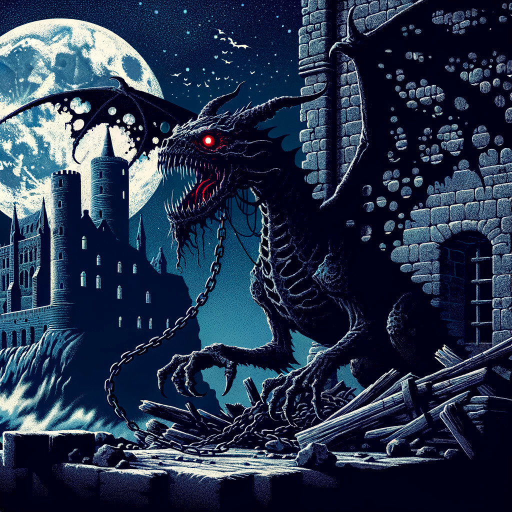 Menacing dragon in ruins under full moonlight