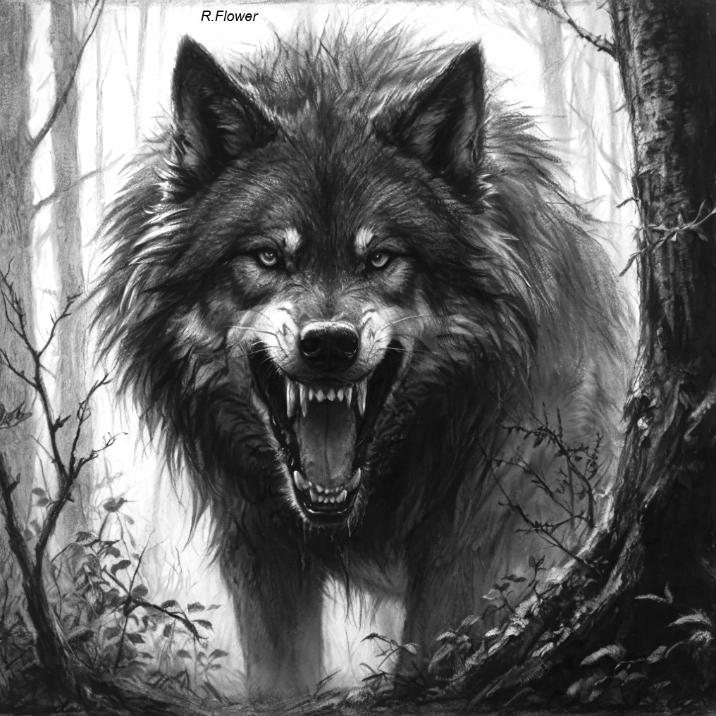 Illustration of a snarling black and white wolf in forest