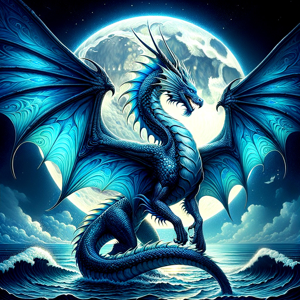 Majestic blue dragon under a full moon at the ocean