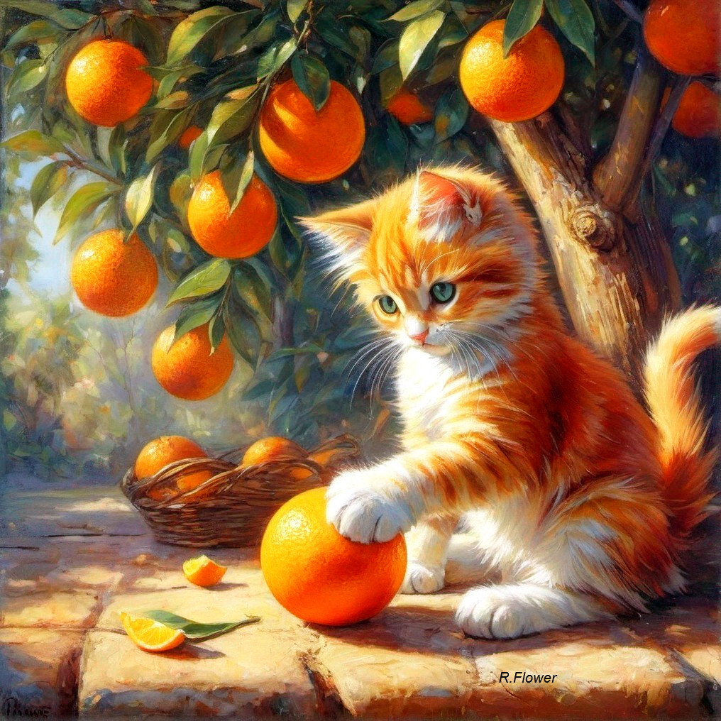 Orange Tabby Kitten with Green Eyes Near Orange Tree and Basket