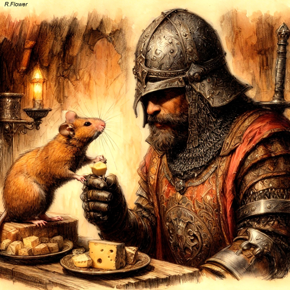 Knight in armor dining with large mouse in warm, rich setting