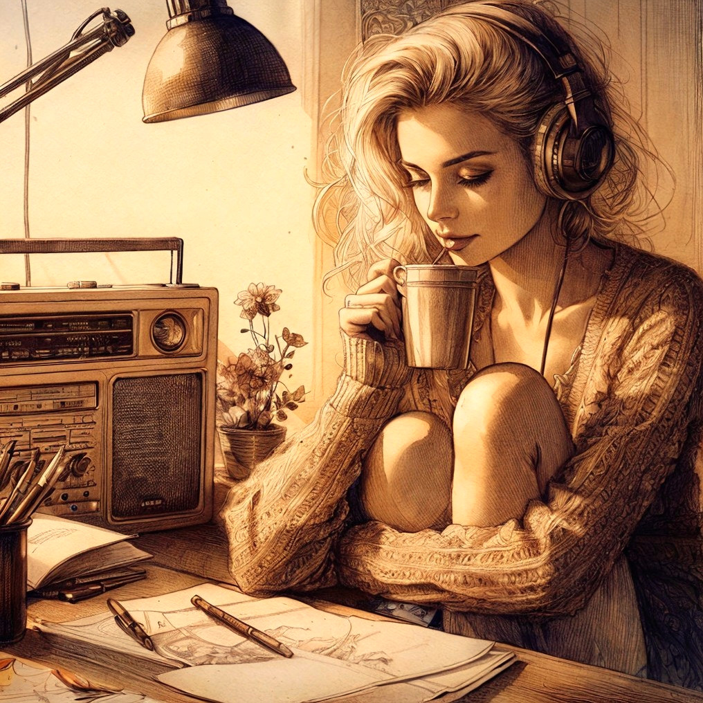 Cozy Sunlit Room with Young Woman and Warm Drink