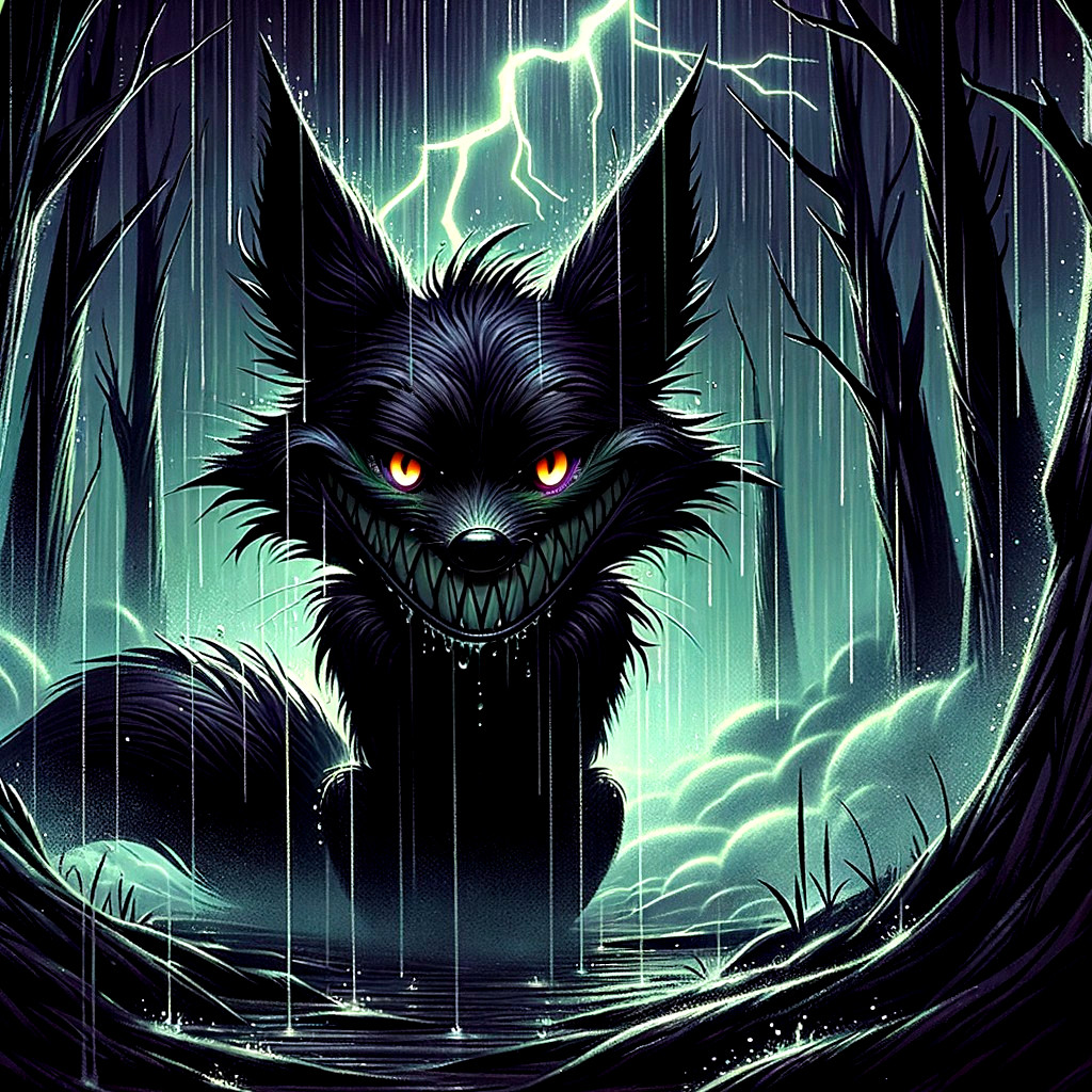 Menacing Cartoonish Black Fox in Dark Forest Scene