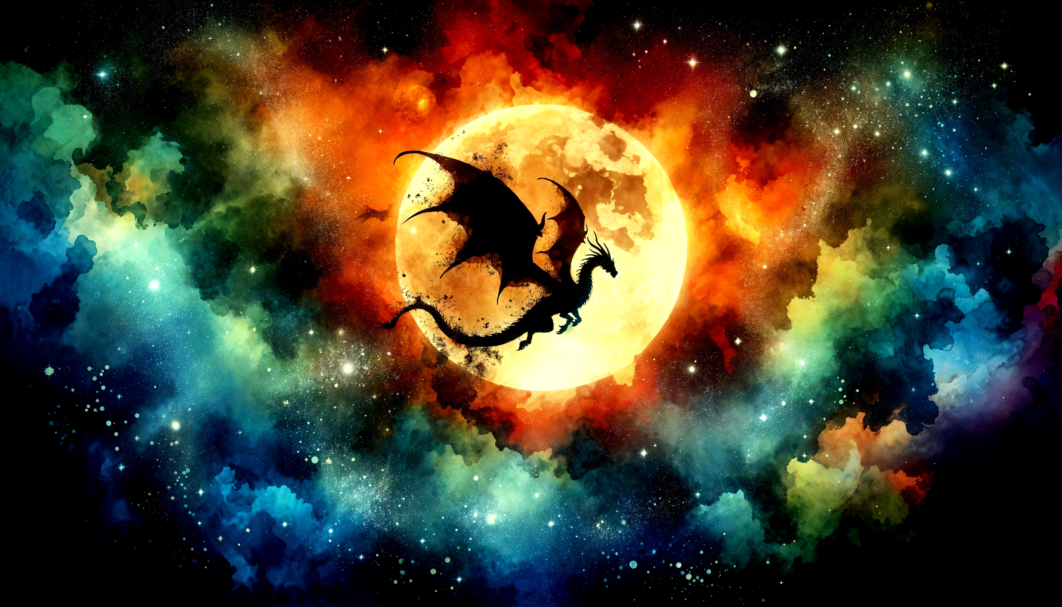 Majestic dragon in vibrant cosmic landscape at night