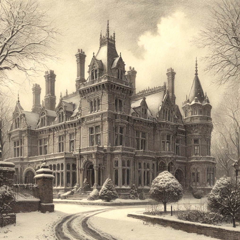 Victorian Mansion Surrounded by Snowy Landscape