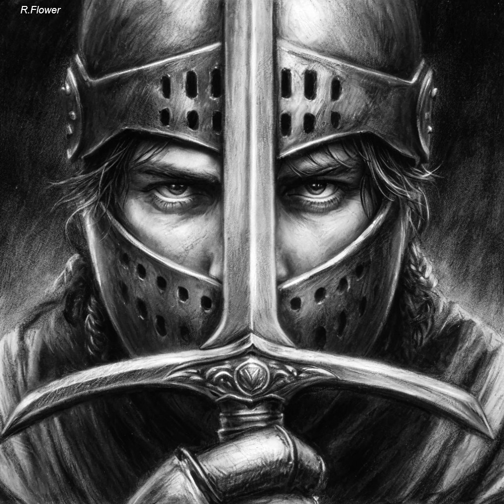Grayscale Drawing of Knight with Sword and Helmet