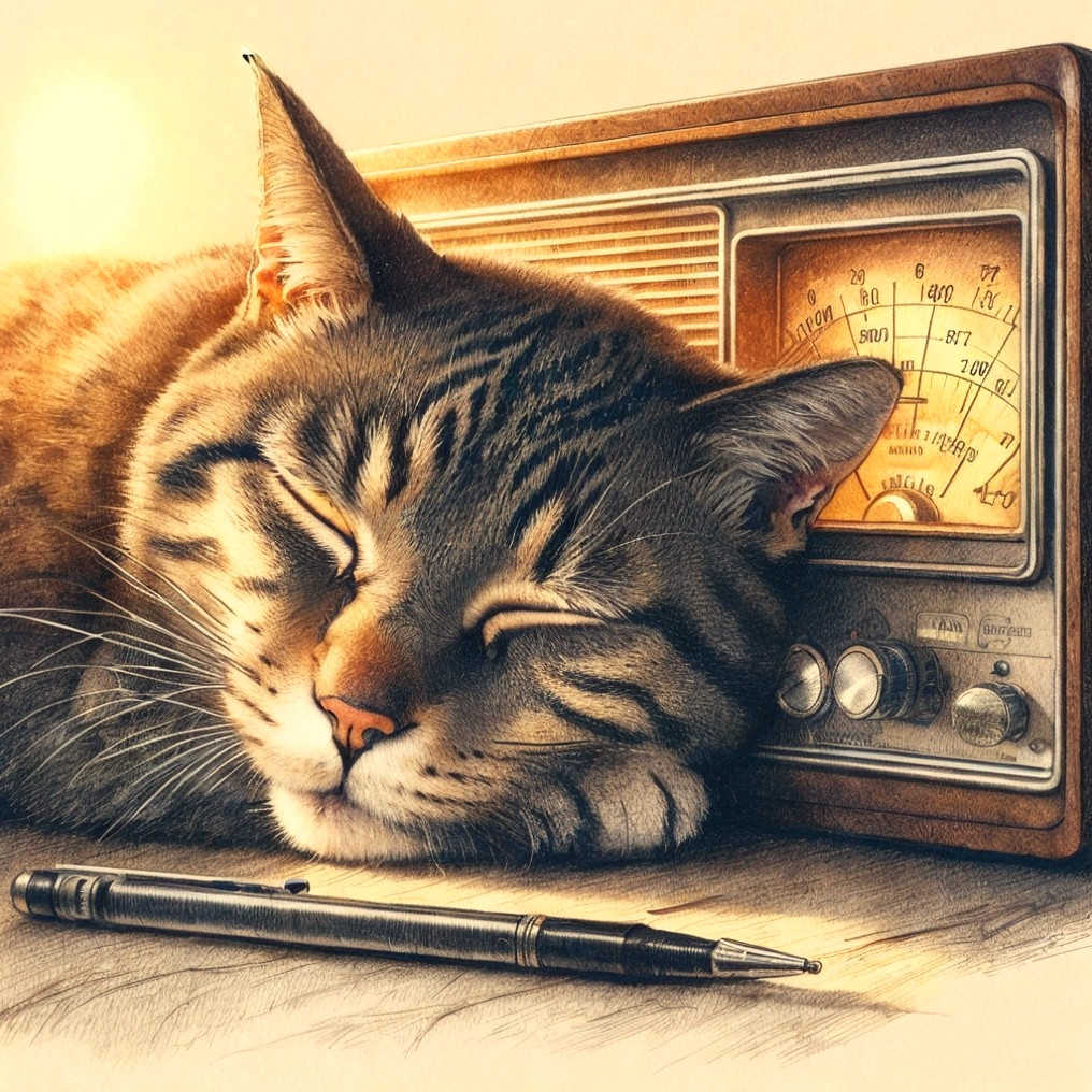 Striped Cat Sleeping by Vintage Radio in Warm Light