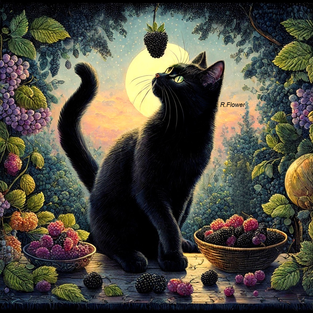 Black Cat Reaching for Suspended Strawberry in Moonlit Garden
