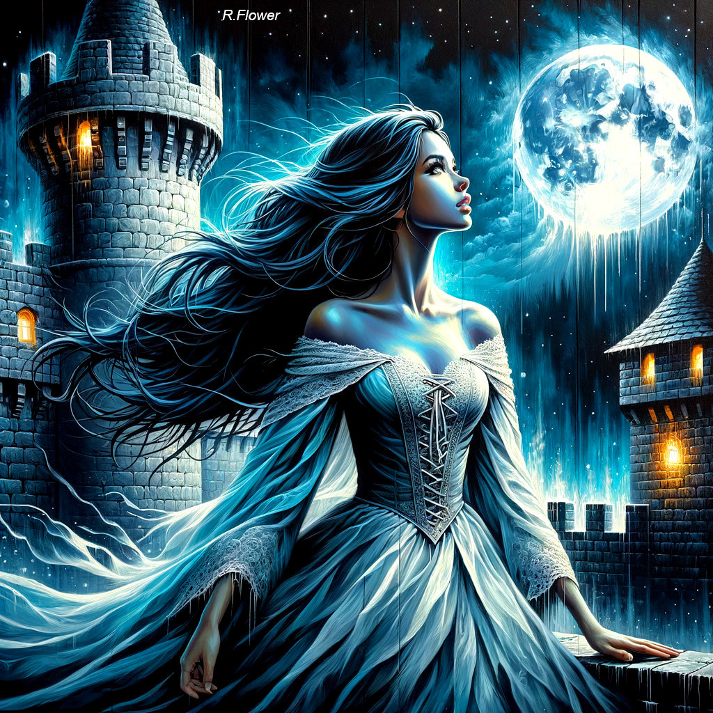 Woman in flowing dress before castle at night with moon