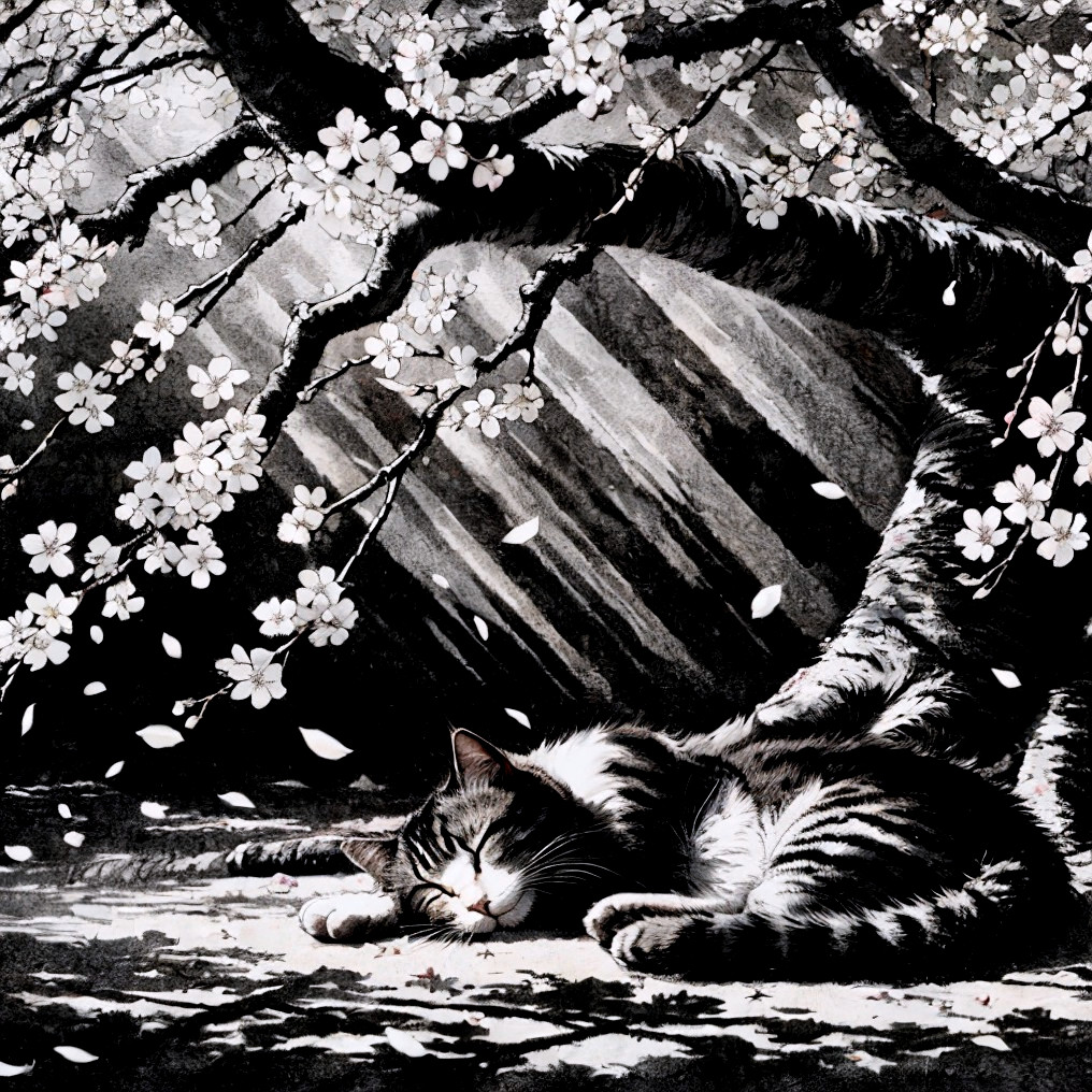 Tabby Cat Sleeping Under Cherry Blossom Tree