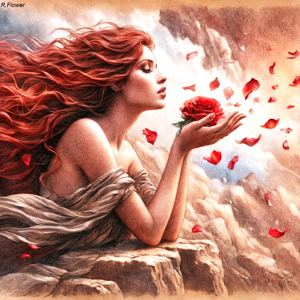 Woman with Red Hair Holding a Rose in Nature