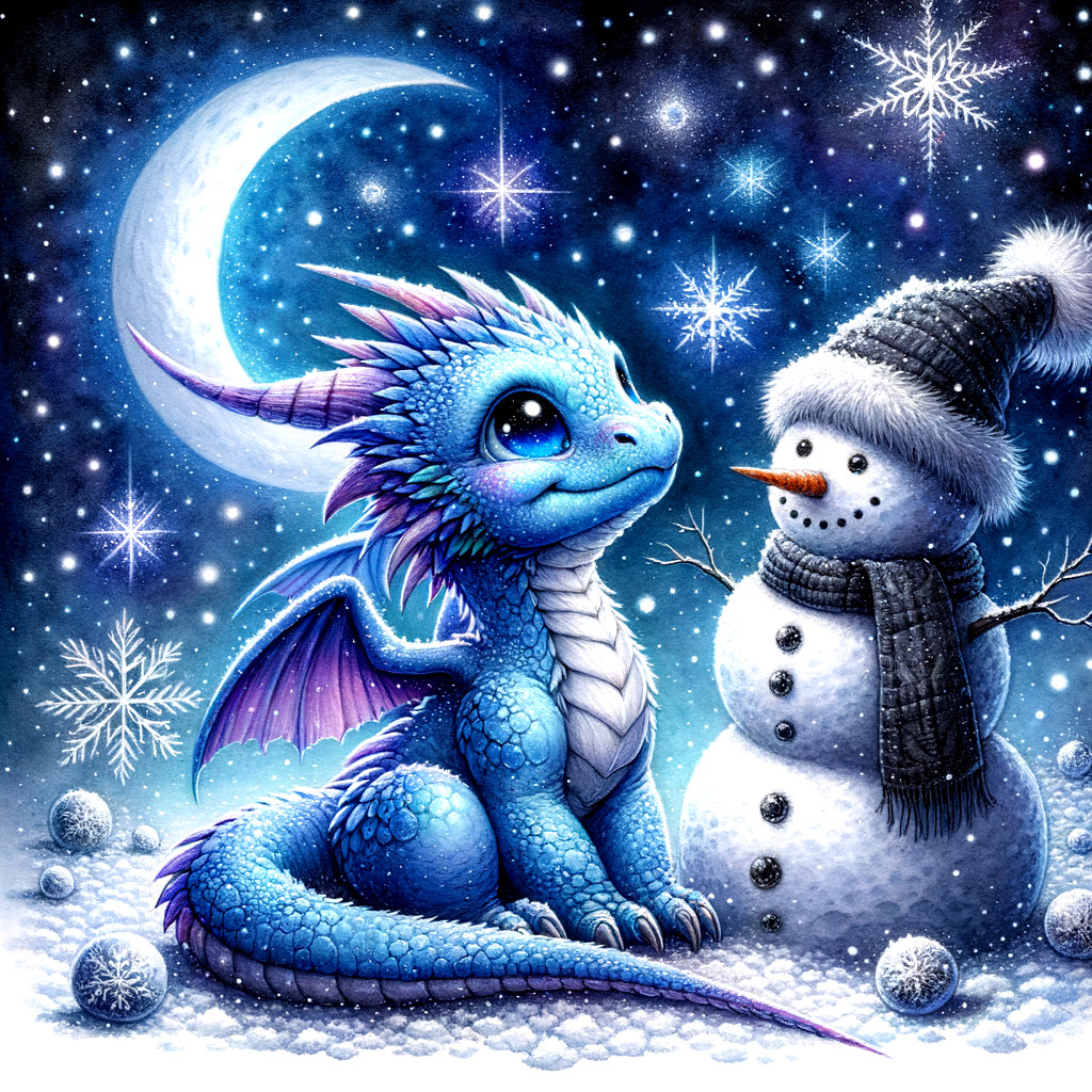 Blue Dragon and Snowman in Winter Landscape Scene
