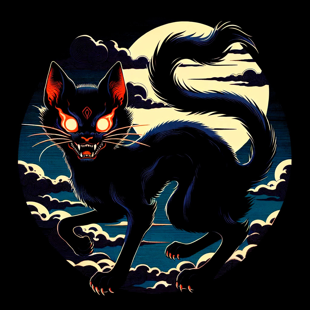 Black Cat with Glowing Eyes in Moonlit Clouds