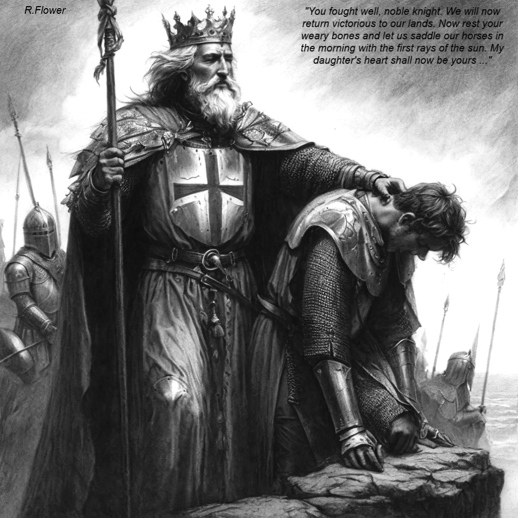 Regal King in Armor with Kneeling Knight in Dim Light