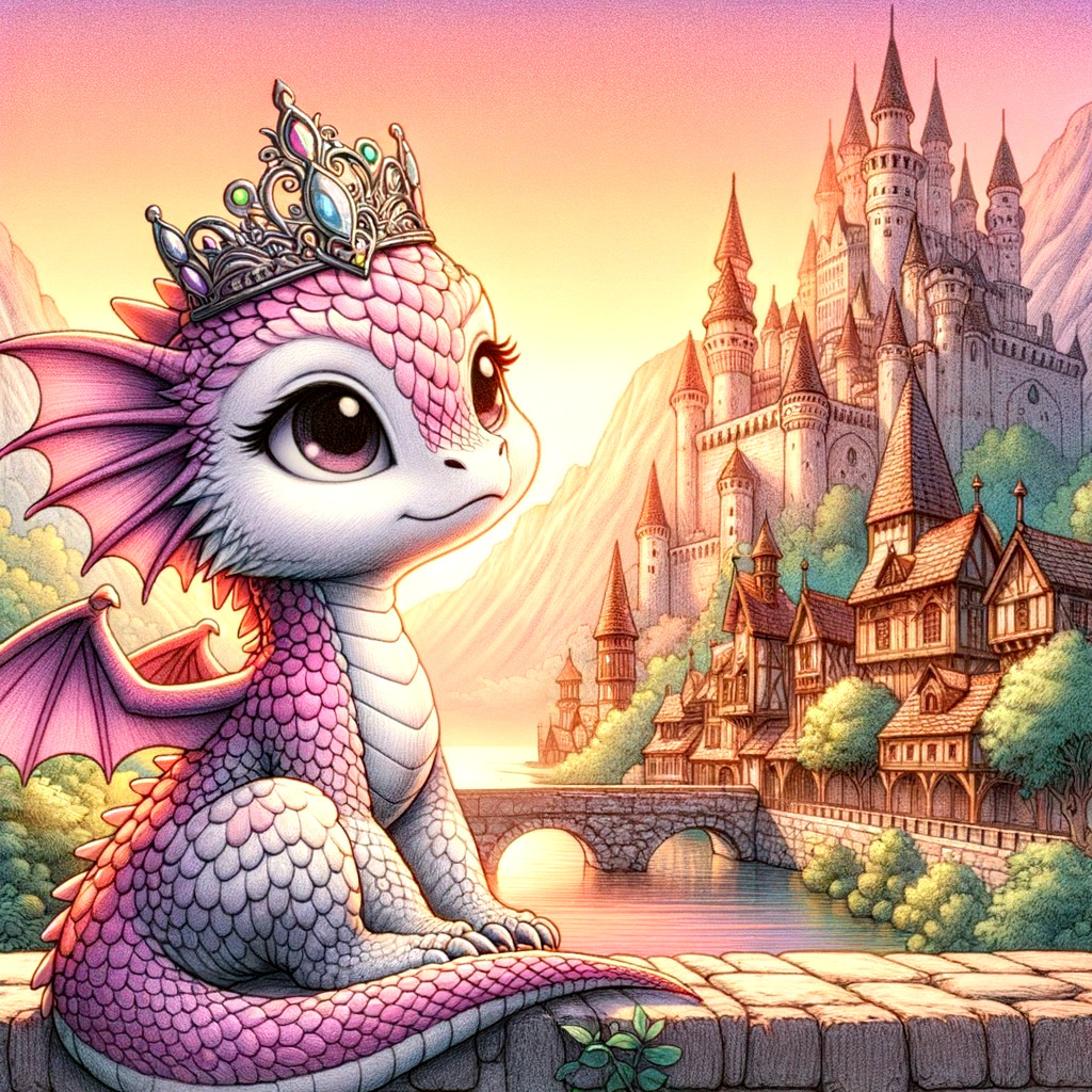 Small pink dragon on stone wall with castle backdrop