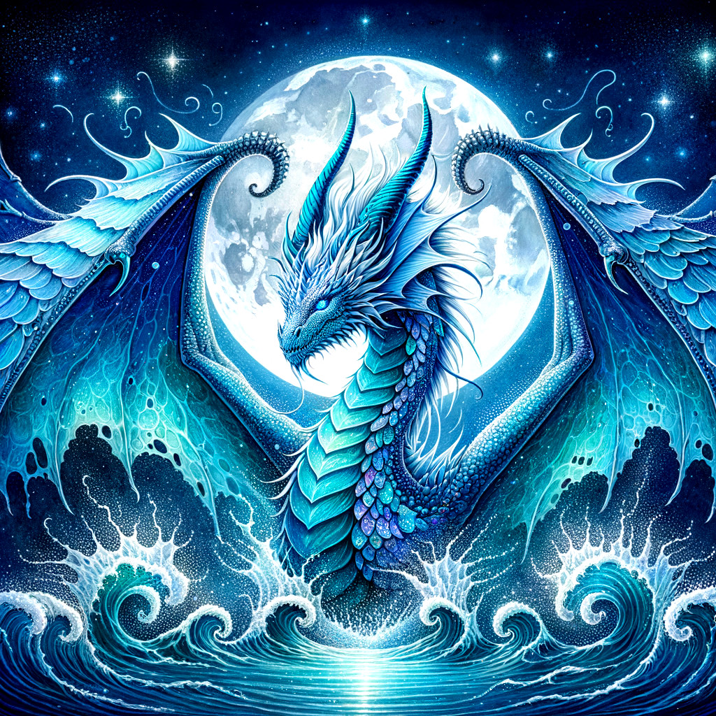 Majestic blue dragon emerging from ocean waves at night