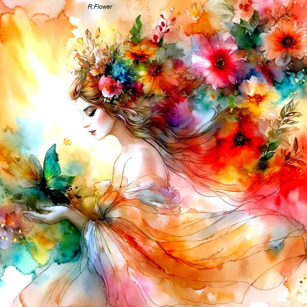 Colorful illustration of woman with flowers and butterfly.