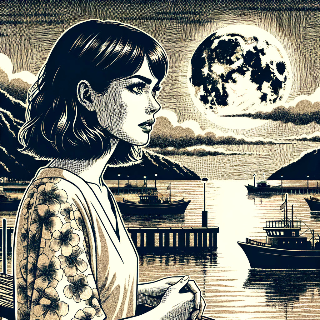 Contemplative Woman by Moonlit Harbor in Monochrome