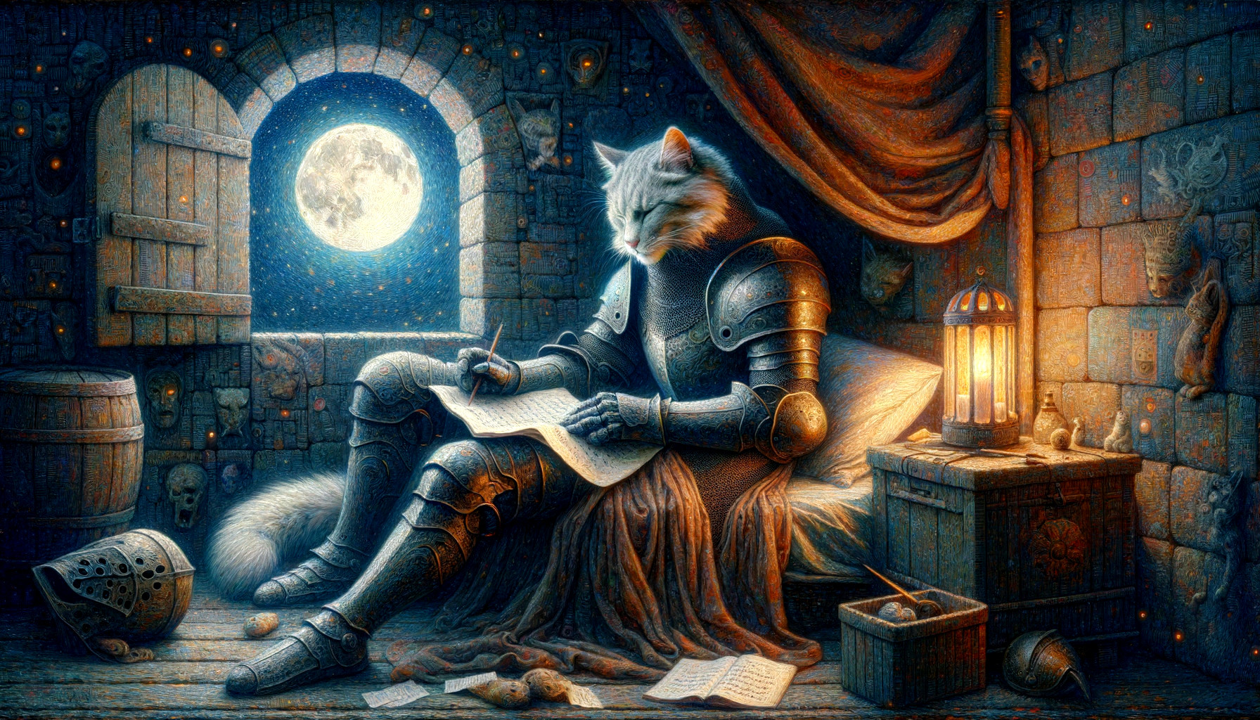 Regal Feline in Armor Writing in Medieval Chamber