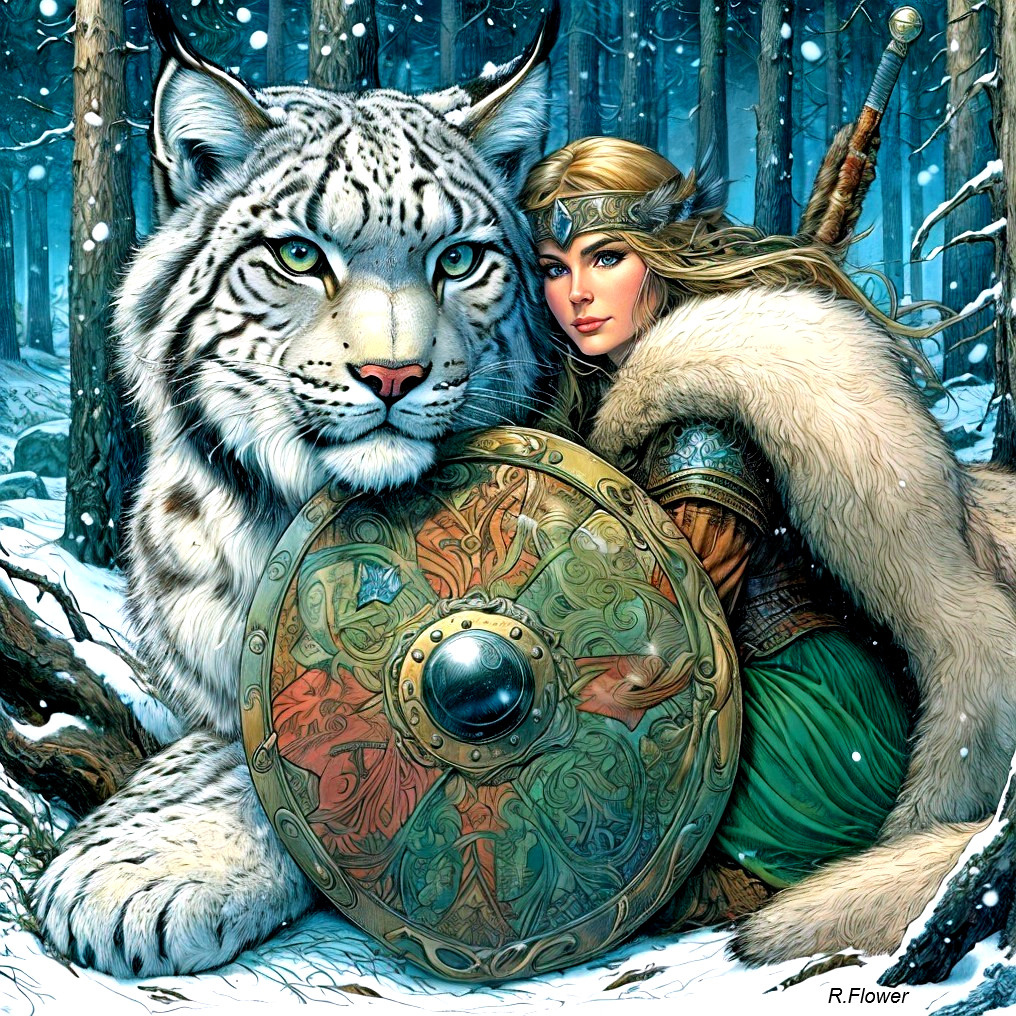 Warrior Woman with Snow Leopard in Snowy Forest