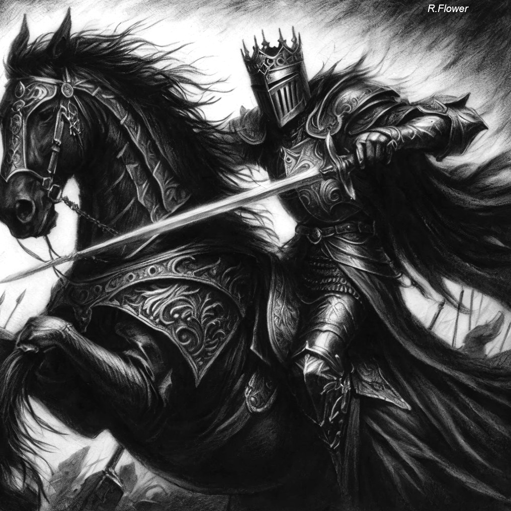 Monochrome Drawing of an Armored Knight on Horseback