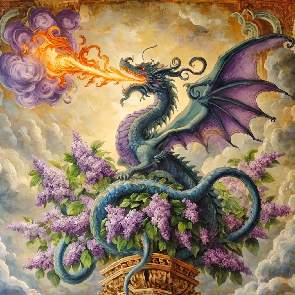 Majestic dragon with vivid scales above lilacs