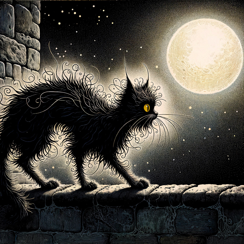 Mystical Black Cat Gazing at Full Moon and Stars
