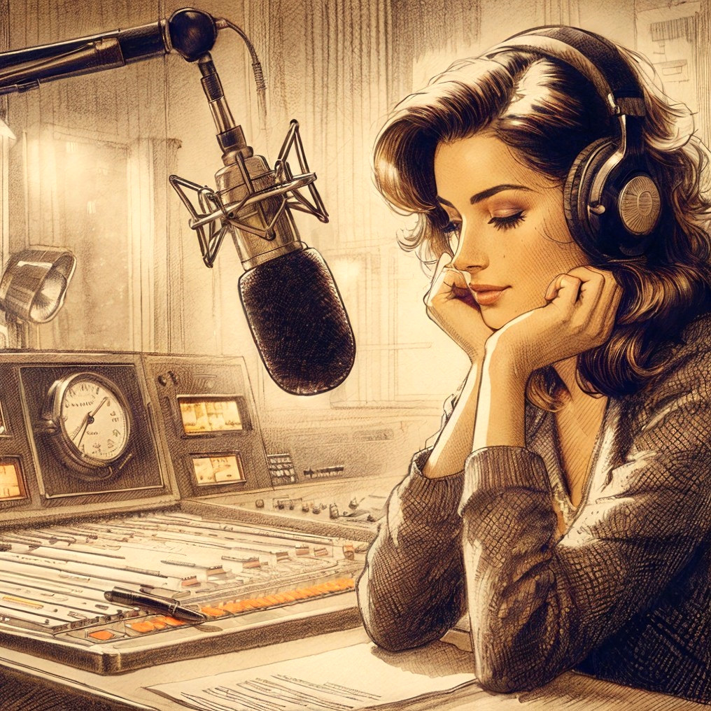 Woman in Vintage Radio Studio with Mixing Equipment
