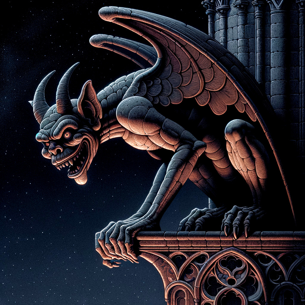 Gargoyle on Cathedral Turret Under Moonlight