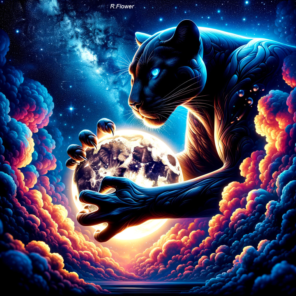 Luminous Blue Panther with Earth in Starry Sky