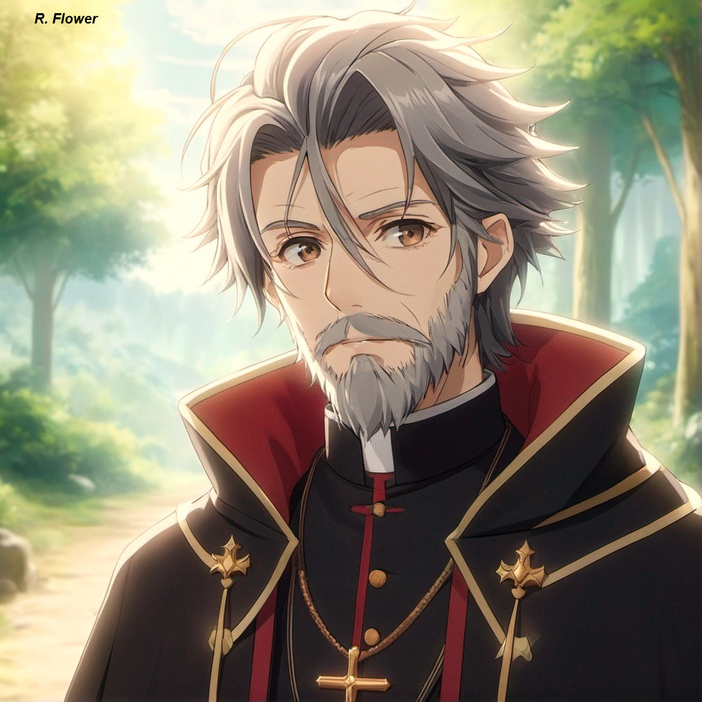 Elderly man in serene forest with soft sunlight