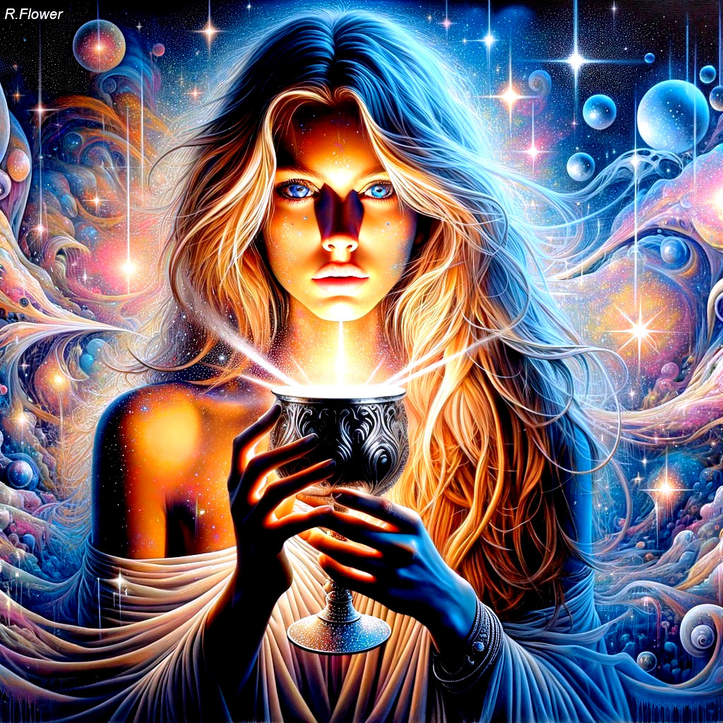 Vibrant Artwork of Woman with Blue Eyes and Chalice
