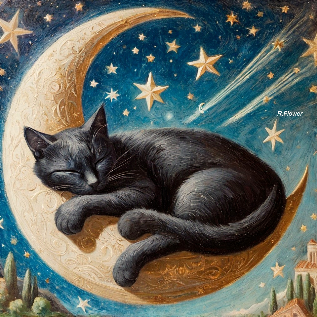 Black Cat Sleeping Against Celestial Night Sky