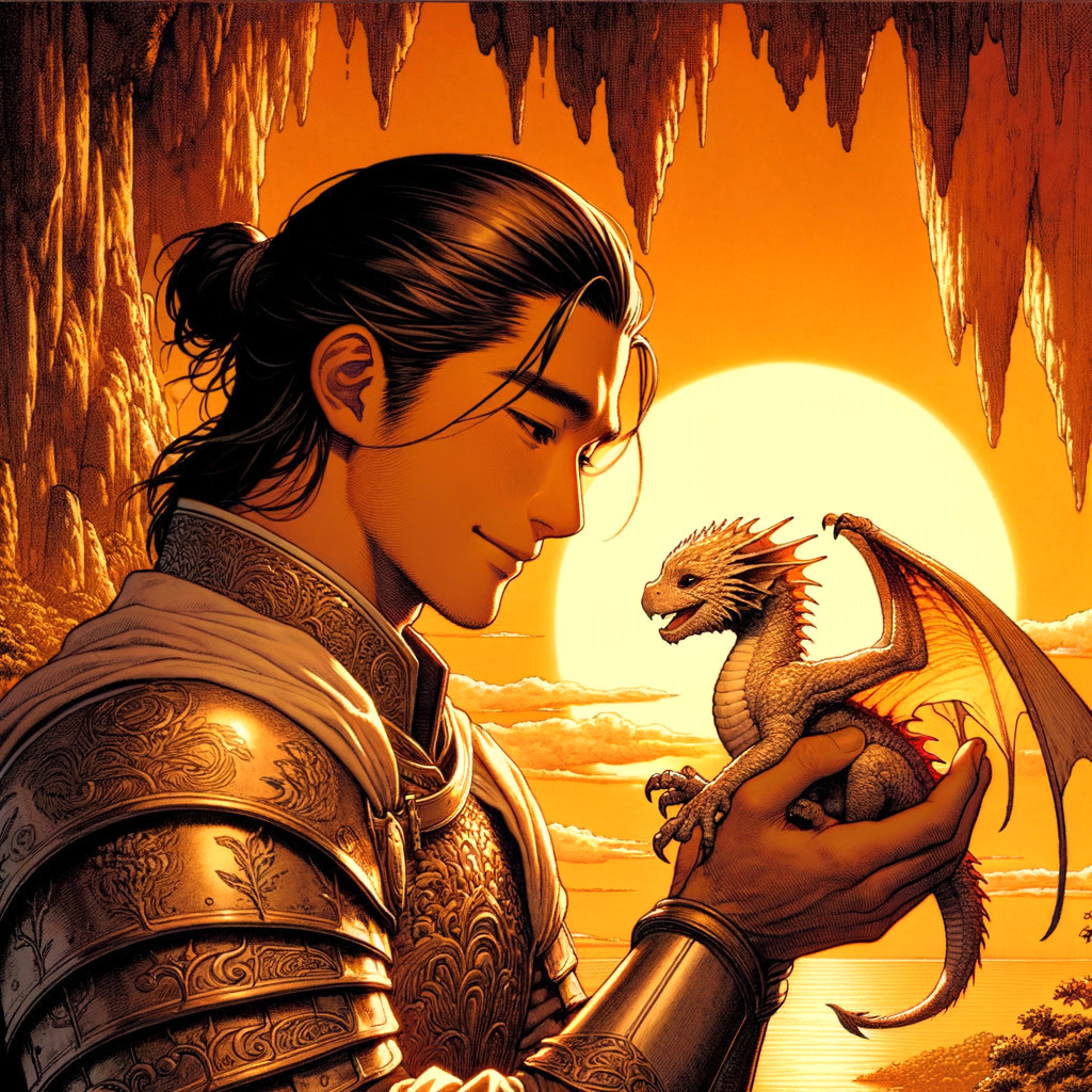 Young Knight Holding Whimsical Dragon at Sunset