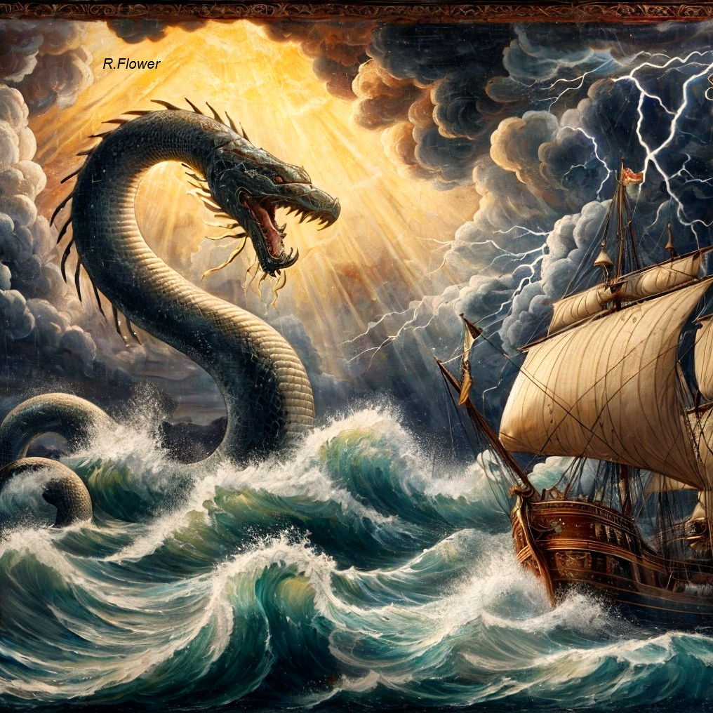 Monstrous Sea Serpent Above Sailing Ship in Storm
