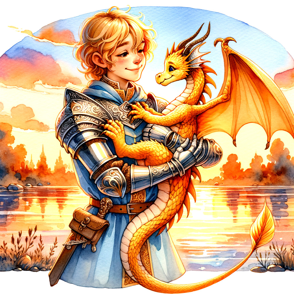 Young knight and orange dragon by a serene sunset lake