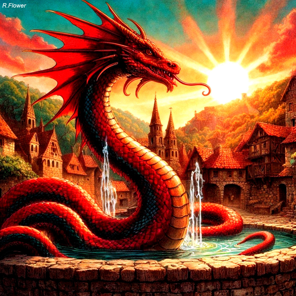 Vibrant red dragon in medieval town at sunset